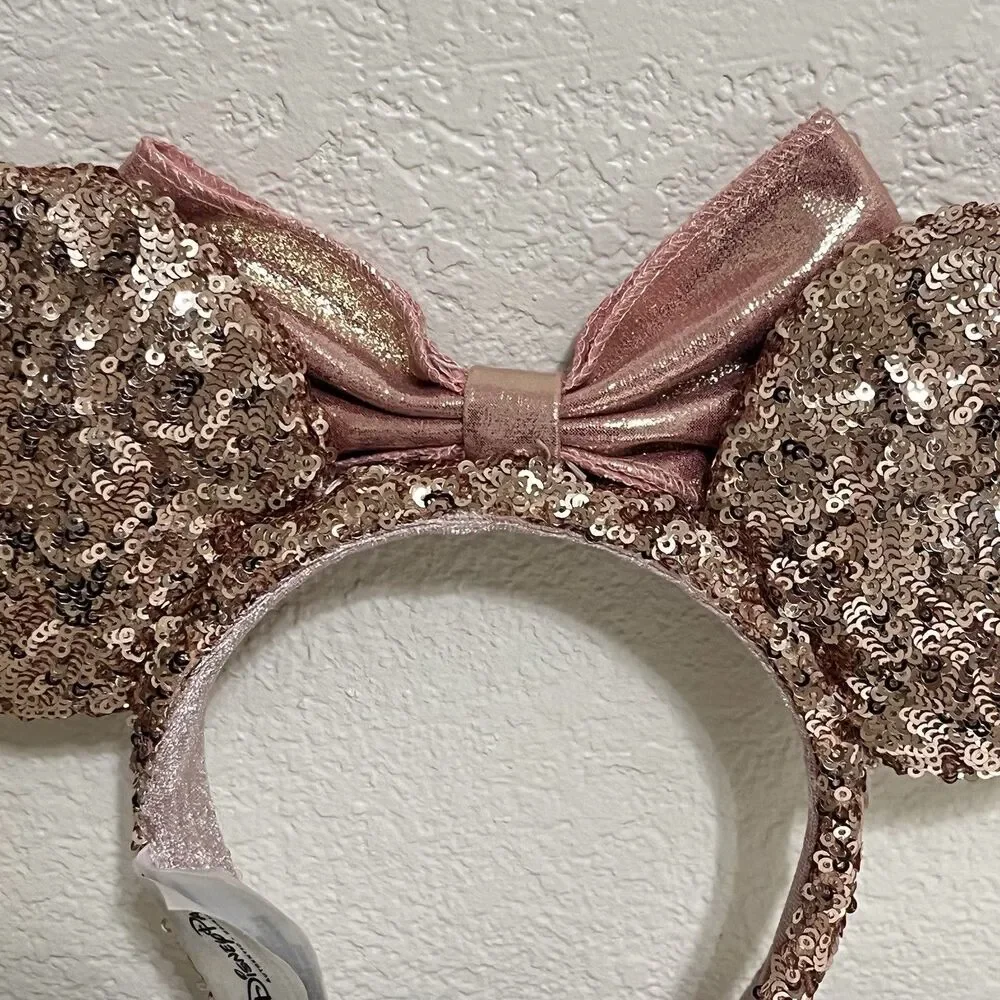 Disney Parks Minnie Mouse Ears Rose Gold Champagne Bow Sequin Headband